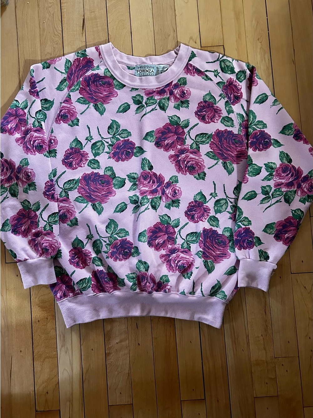 Forenza Pastel Pink Floral Crewneck Sweatshirt with Green Leaves and Indigo